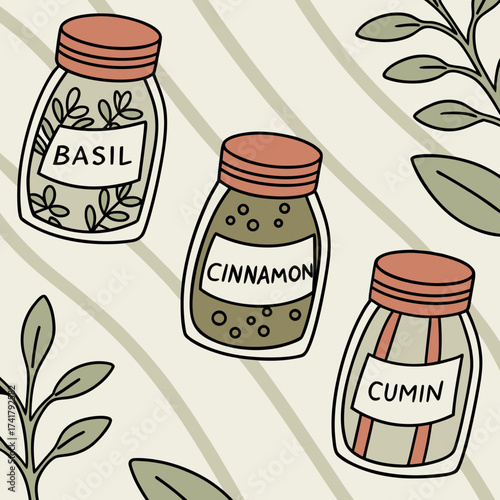Spice jars with basil, cinnamon, and cumin