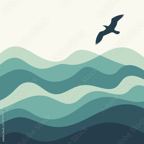 Silhouette of a bird flying over a wavy ocean landscape illustration