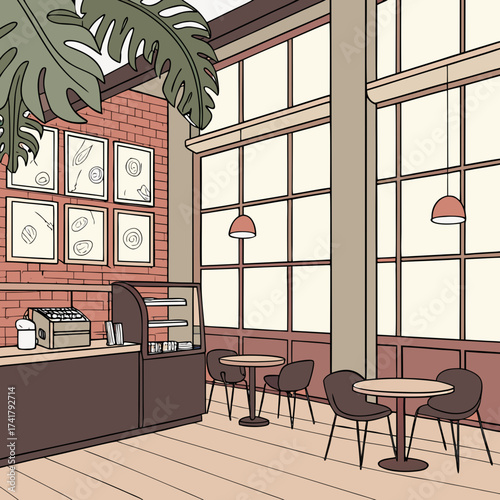 Illustration of a stylish cafe interior with seating and large windows