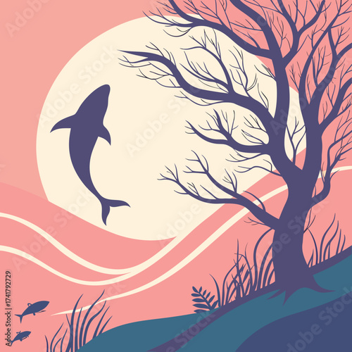 Illustration of a shark jumping out of the water near a tree at sunset