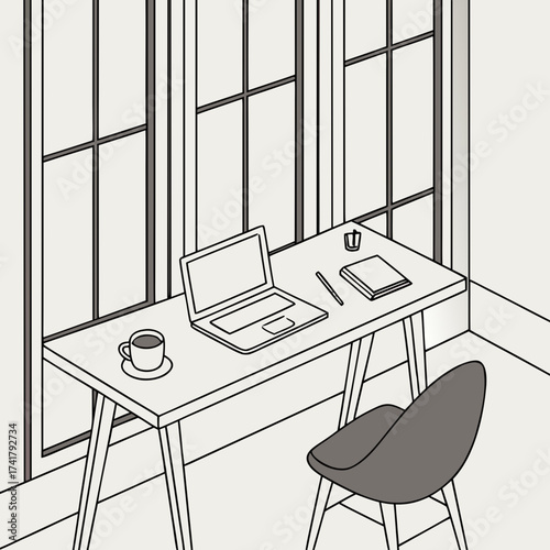 Illustration of a laptop setup with window view and chair