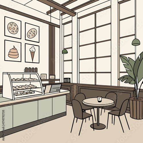 Illustration of a cozy cafe interior with pastries and seating area