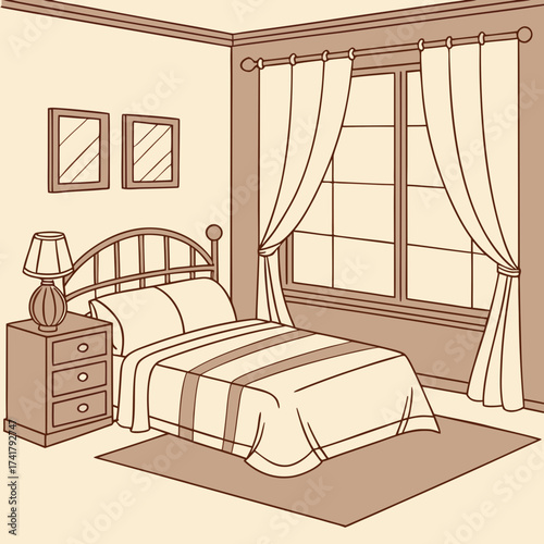 Illustration of a bedroom interior with a bed, window, and nightstand on beige
