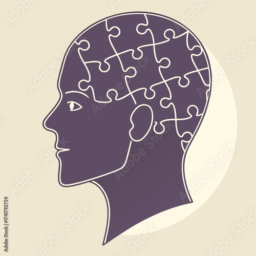 Human head silhouette filled with jigsaw puzzle pieces on beige background