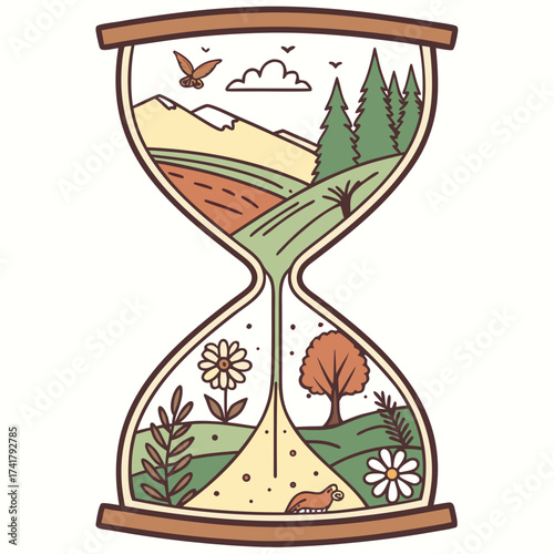 Hourglass with nature scene, symbolizing times passage