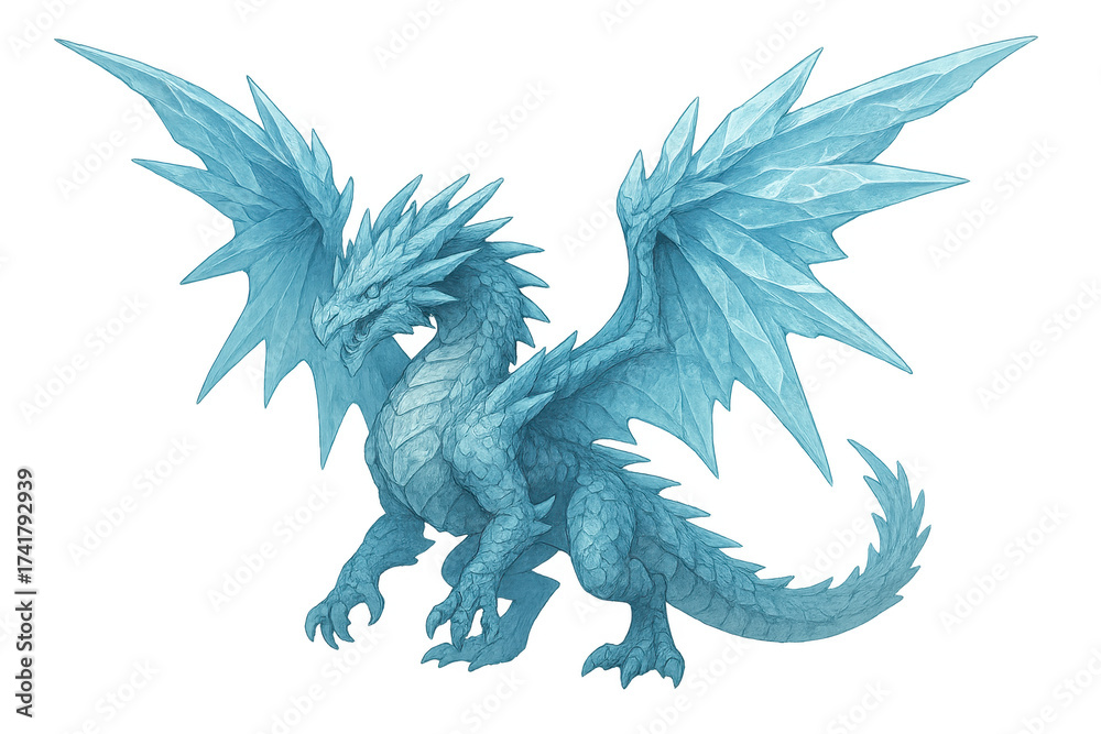 Fototapeta premium Ice dragon creature with translucent wings transparent background