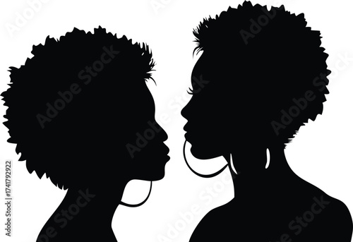 Two African American women silhouettes side view portraits with afro hairstyles and hoop earrings vector illustration on white background