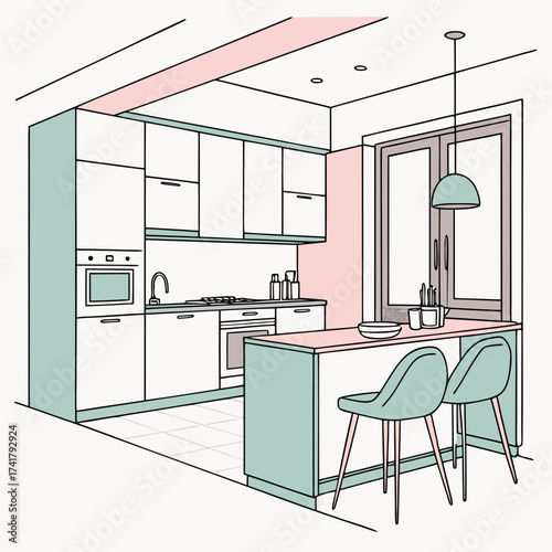 A modern kitchen with a breakfast bar and a minimalist design style