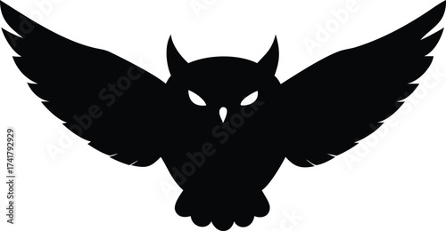 Silhouette of a horned owl with outstretched wings vector illustration for Halloween or wildlife design isolated on white background