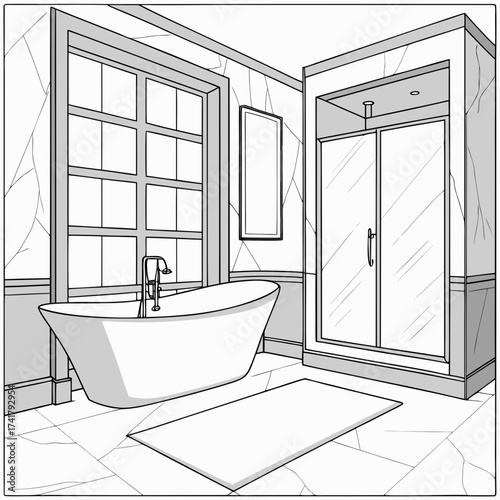 A modern bathroom interior with a freestanding tub and a glass shower stall