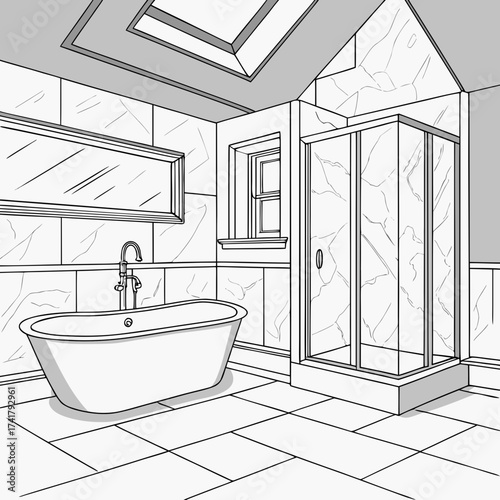 A modern bathroom interior featuring a tub, shower stall, and skylight