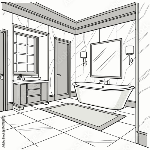 A contemporary bathroom with a freestanding tub, vanity, and marble accents