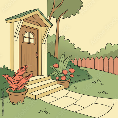 A charming garden shed with a stone path and potted plants in the yard