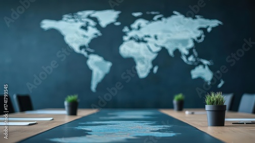 Modern conference room with world map on chalkboard wall and long wooden table with notebooks and potted plants for business meetings and international collaboration