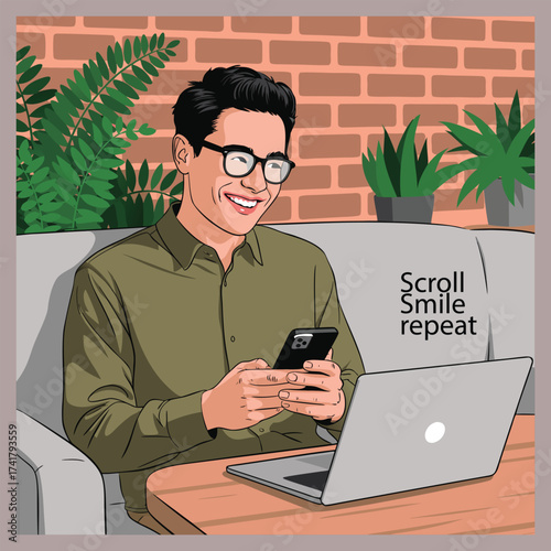 Scroll smile repeat digital lifestyle illustration with smartphone and laptop showing modern social media habits