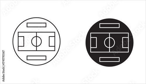 Football field set icon symbol design collection, Sports stadiums. white line icons. Ideal for sports and entertainment themes. Symbols on black background. 
