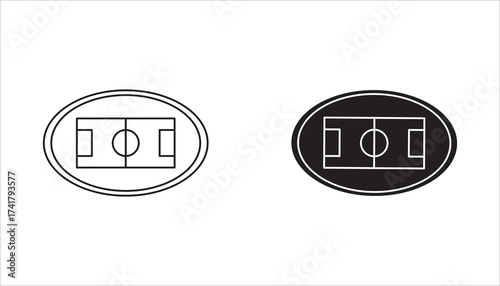 Football field set icon symbol design collection, Sports stadiums. white line icons. Ideal for sports and entertainment themes. Symbols on black background. 