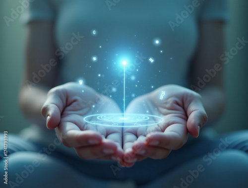 Serene, high-resolution photograph of cupped hands projecting a vibrant blue laser light and floating digital symbols.