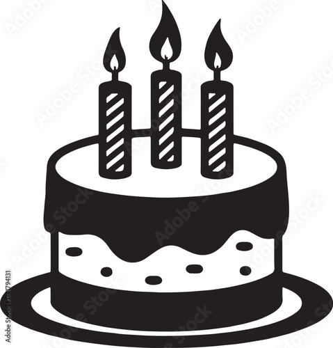 Black and white illustration of a three tiered birthday cake with lit candles