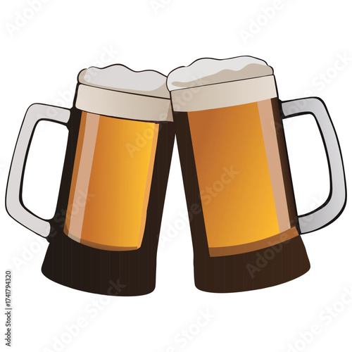 Two beer mugs clinking together illustration for party, bar, pub, Oktoberfest, celebration, and drinking design