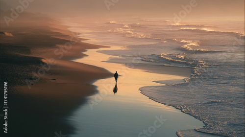 Silhouette of lone person walking on beach at sunrise, wide shot, gentle waves.
