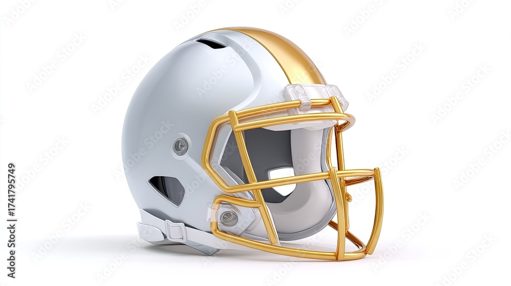 Fototapeta premium Shiny Silver American Football Helmet with Golden Facemask for Sports and Team Spirit