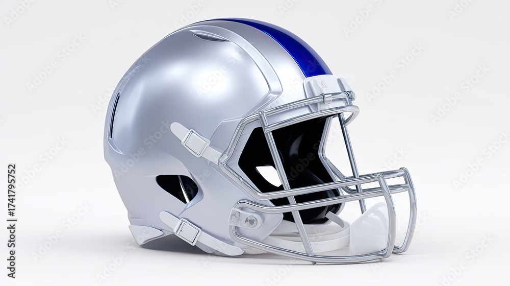 Naklejka premium Metallic football helmet with blue stripe isolated on a light background for sports concepts and team branding uses