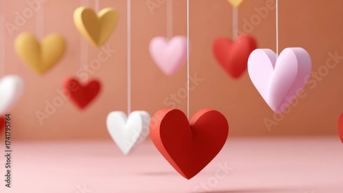 Red heart pink heart white heart yellow heart hanging decoration love symbol romantic paper craft blurred background pastel color hanging paper hearts red white pink gold colors create festive