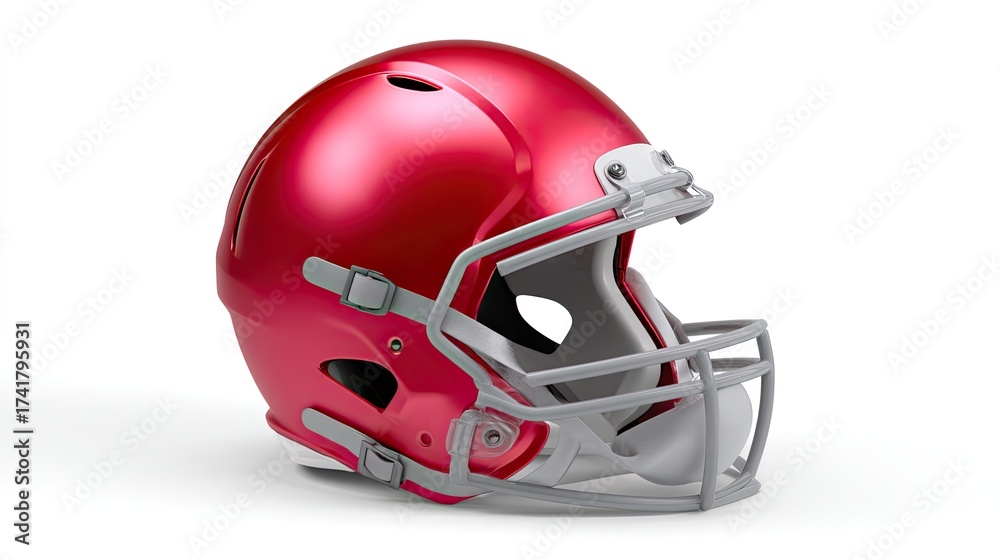 Fototapeta premium Glossy Red Football Helmet with a Silver Faceguard Isolated on a White Background