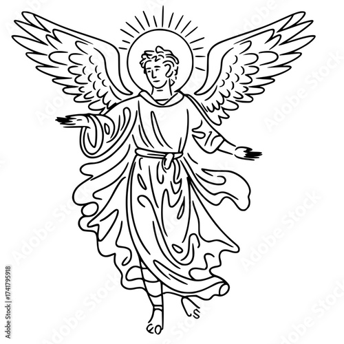 Saint Gabriel archangel line art illustration with wings and halo. Religious spiritual angel drawing with feathers 