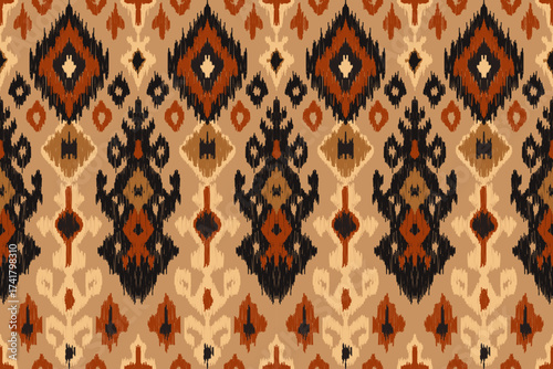 Ethnic ikat seamless pattern with traditional tribal geometric fabric design.