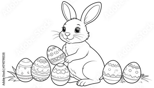Easter bunny with decorated eggs coloring page on white background