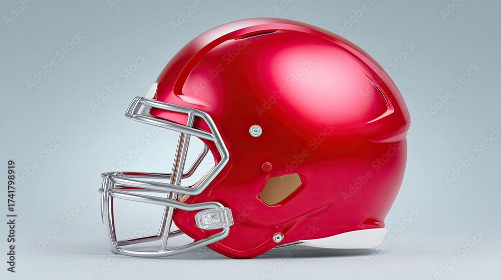 Fototapeta premium Glossy Red American Football Helmet in Profile View with Metallic Faceguard for Sports and Athletic Equipment