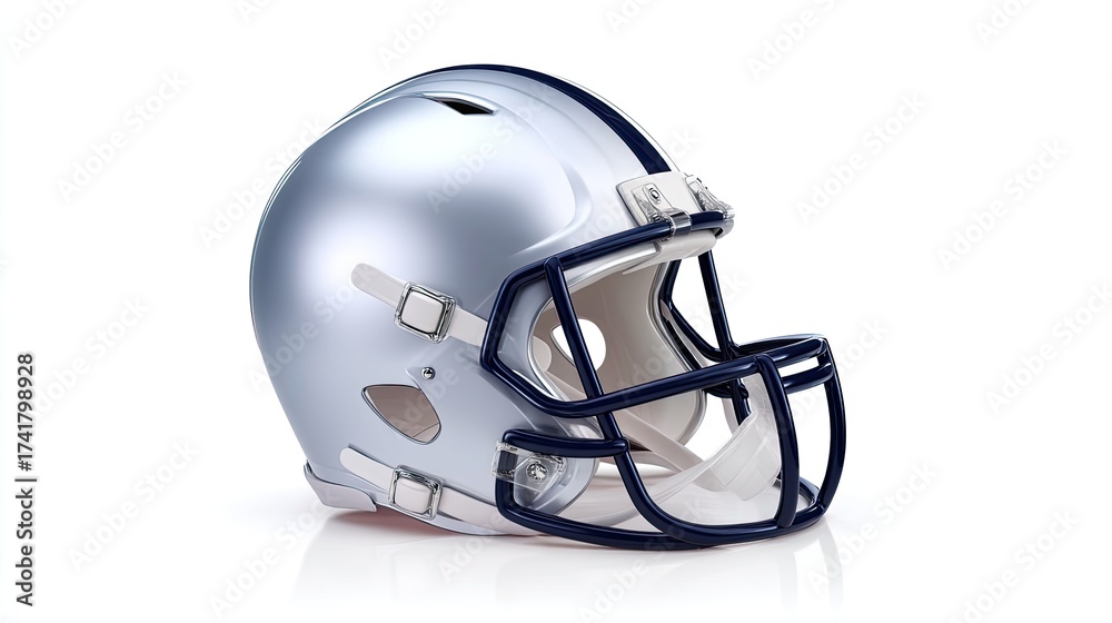 Fototapeta premium Sleek Silver Football Helmet with Blue Facemask and Glossy Finish for Sports and Athletics Use
