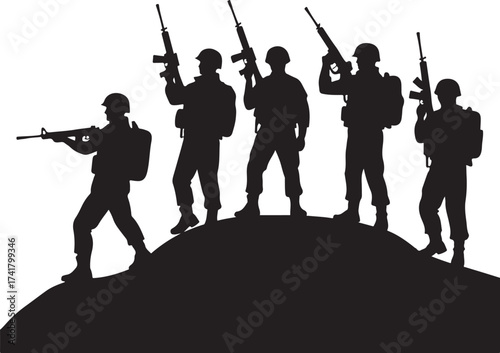 Black silhouette of five soldiers with rifles on a hill