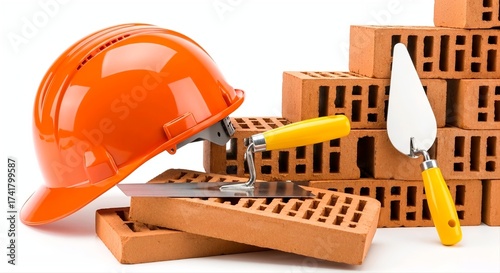Close-Up of Construction Tools with Orange Hard Hat and Bricks on White Background