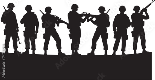 Black silhouette of seven soldiers with rifles military