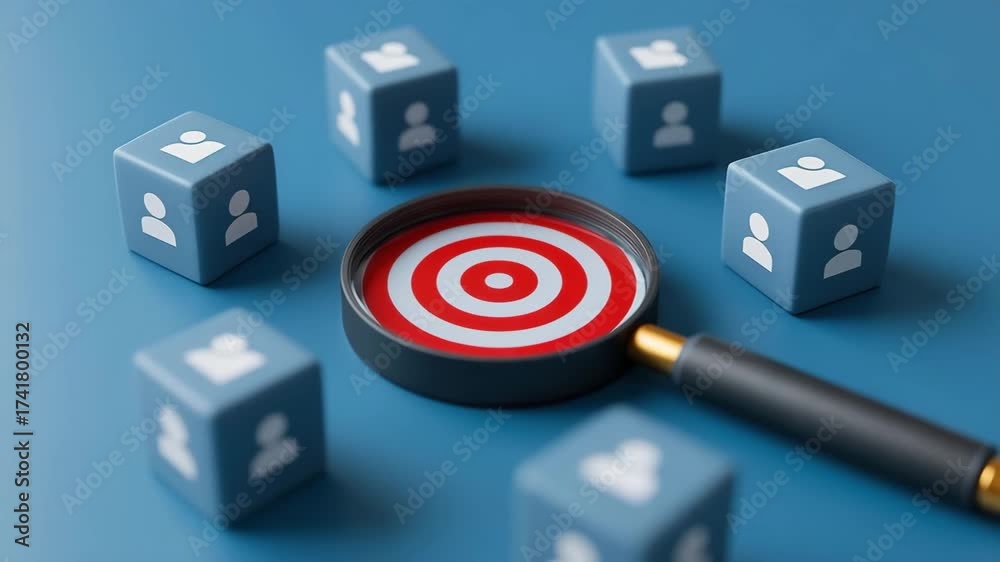 Target with magnifying glass and blue cube featuring user icon highlights focus audience and customer analysis magnifying glass red and white target with blue cubes and user icons symbolizes search