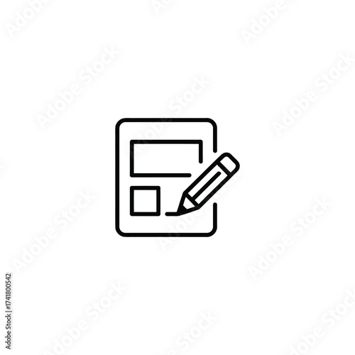 Black and White Icon Depicting a Document with Text Boxes and a Pencil for Editing and Design