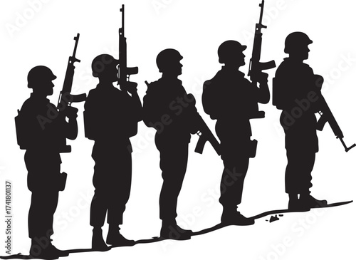 Five black silhouette soldiers with rifles standing in line