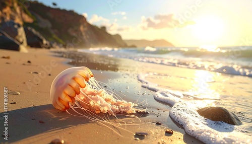 Jellyfish on the beach at sunset, beautiful seaside landscape scene