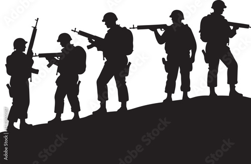 Five soldiers in silhouette holding rifles on a hill
