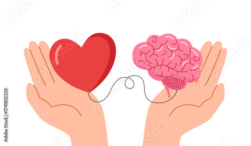 Brain and heart in hands, symbol of balance emotions and reason. Love and logic. Decision making metaphor, mental health. Self awareness, personal growth vector illustration