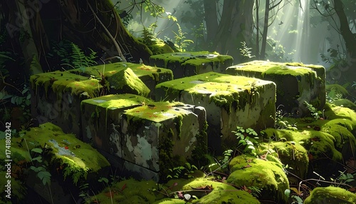 Lush Green Landscape with Moss Covered Stones in a Sunlit Forest Setting