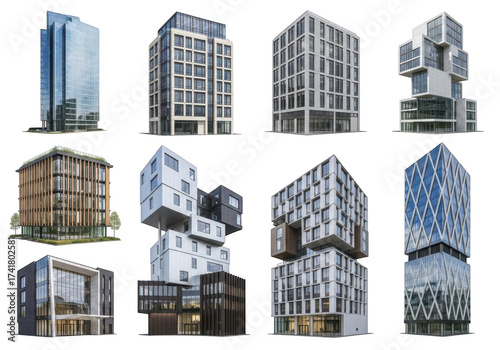 Modern architecture collection isolated on transparent background