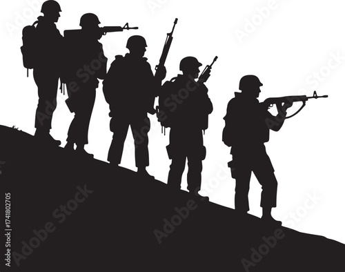 Five soldiers with rifles on a hillside silhouette