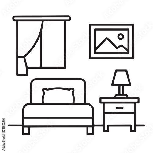 Clean black line art of a modern bedroom showing bed pillow nightstand lamp window and wall frame, minimalist home interior illustration perfect for decor and lifestyle concepts.