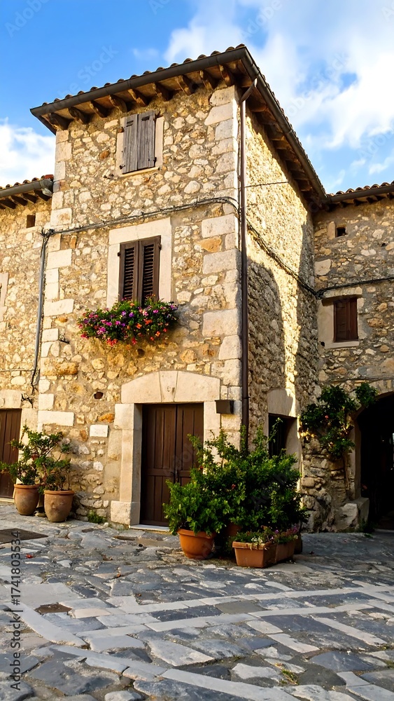 Naklejka premium Quaint stone house in a sun-drenched European town square