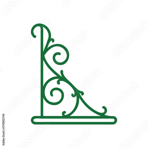 Green Outline Icon of an Ornate Corner Bracket or Shelf Bracket on a White Background decorative