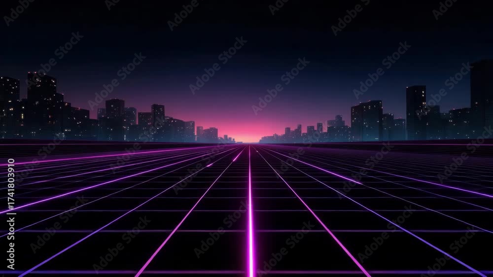 Neon grid futuristic city digital landscape with glowing lines and ...